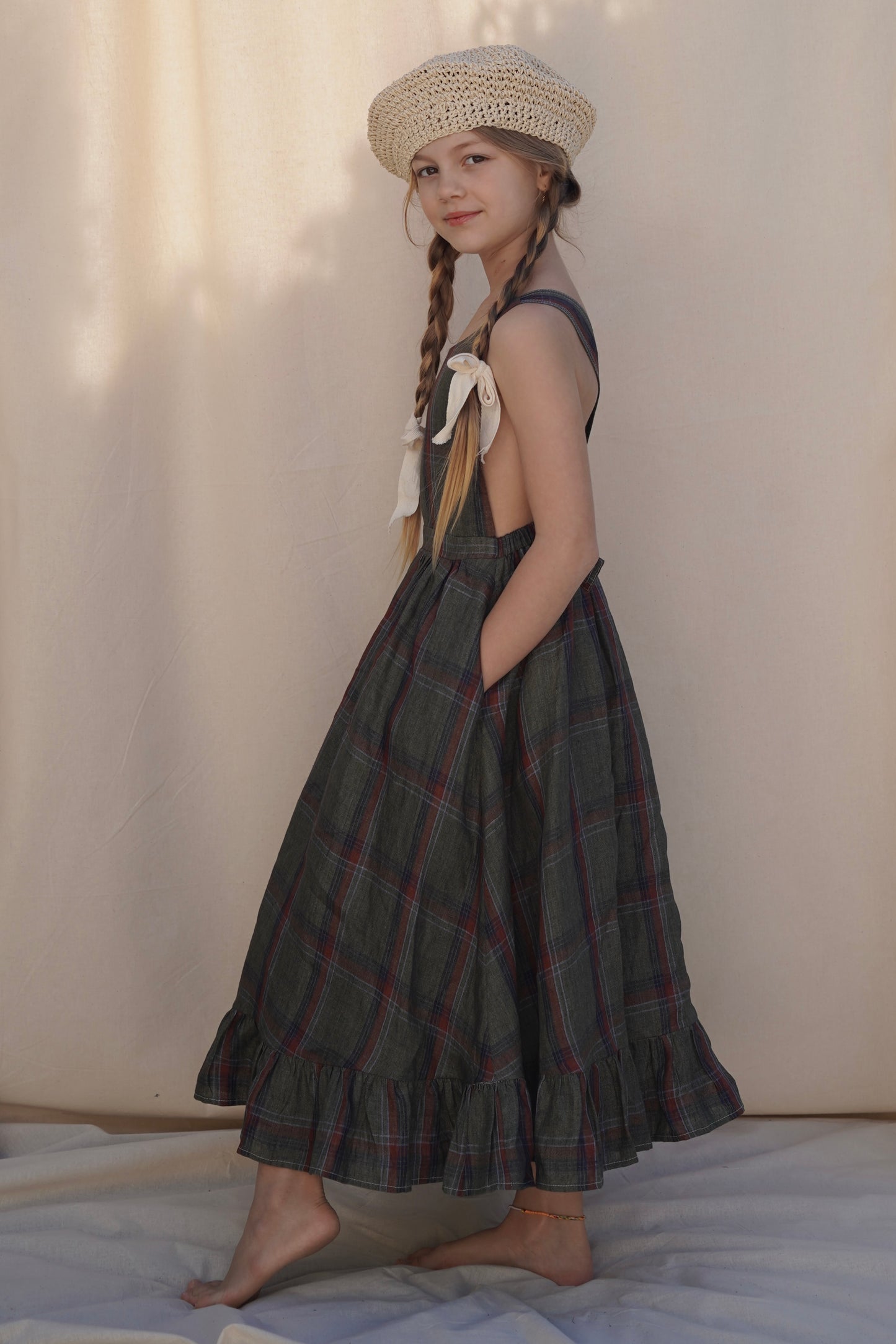 Juliette Pinafore ~ Olive Plaid Linen