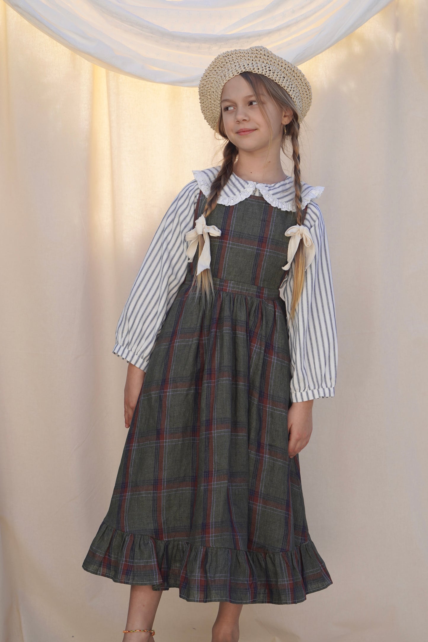 Juliette Pinafore ~ Olive Plaid Linen