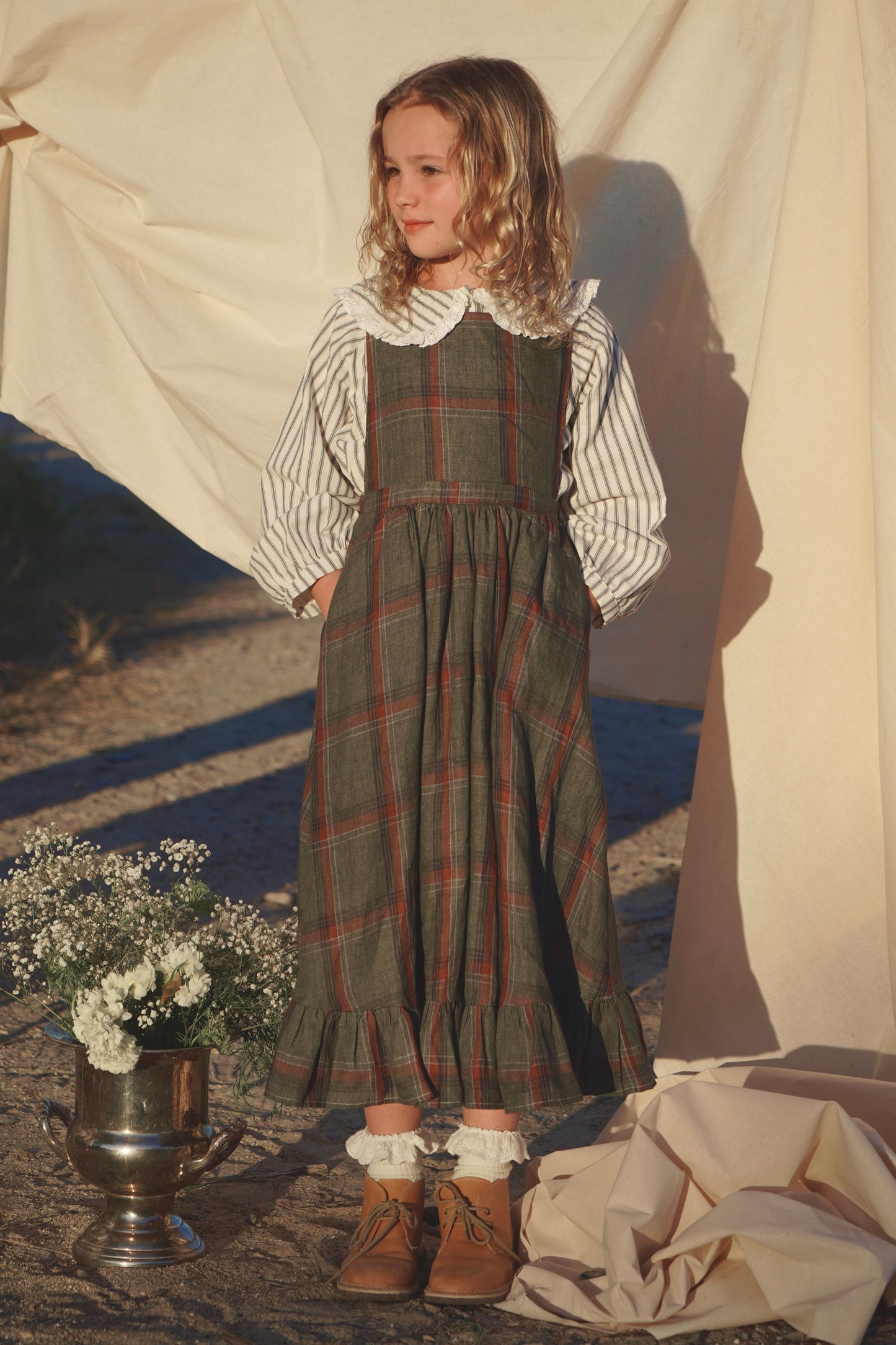 Juliette Pinafore ~ Olive Plaid Linen